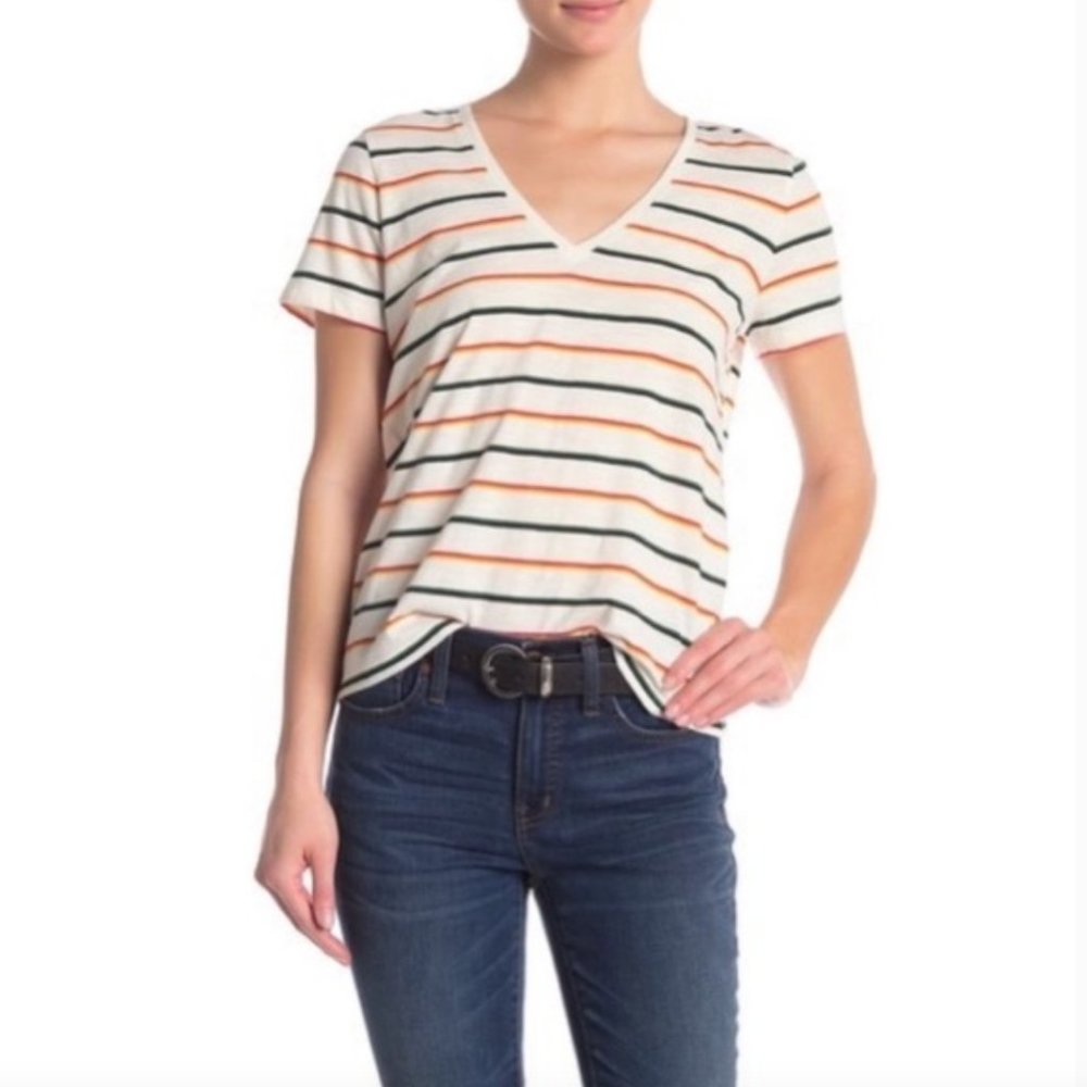 NWT $25 Madewell House Rainbow Stripe Whisper V-Neck Tee in size Small!